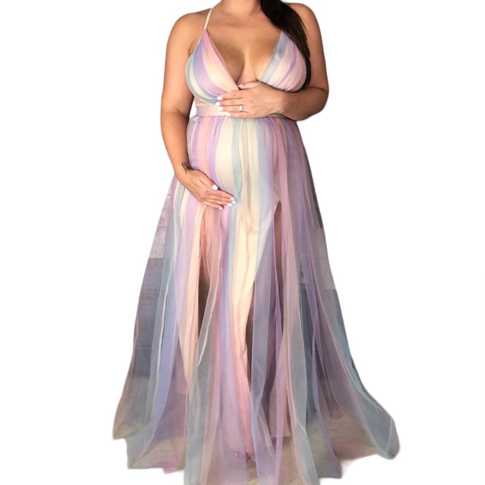 Rainbow tulle maxi dress